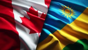 Drapeaux du Canada et du Rwanda unis et flottant ensemble